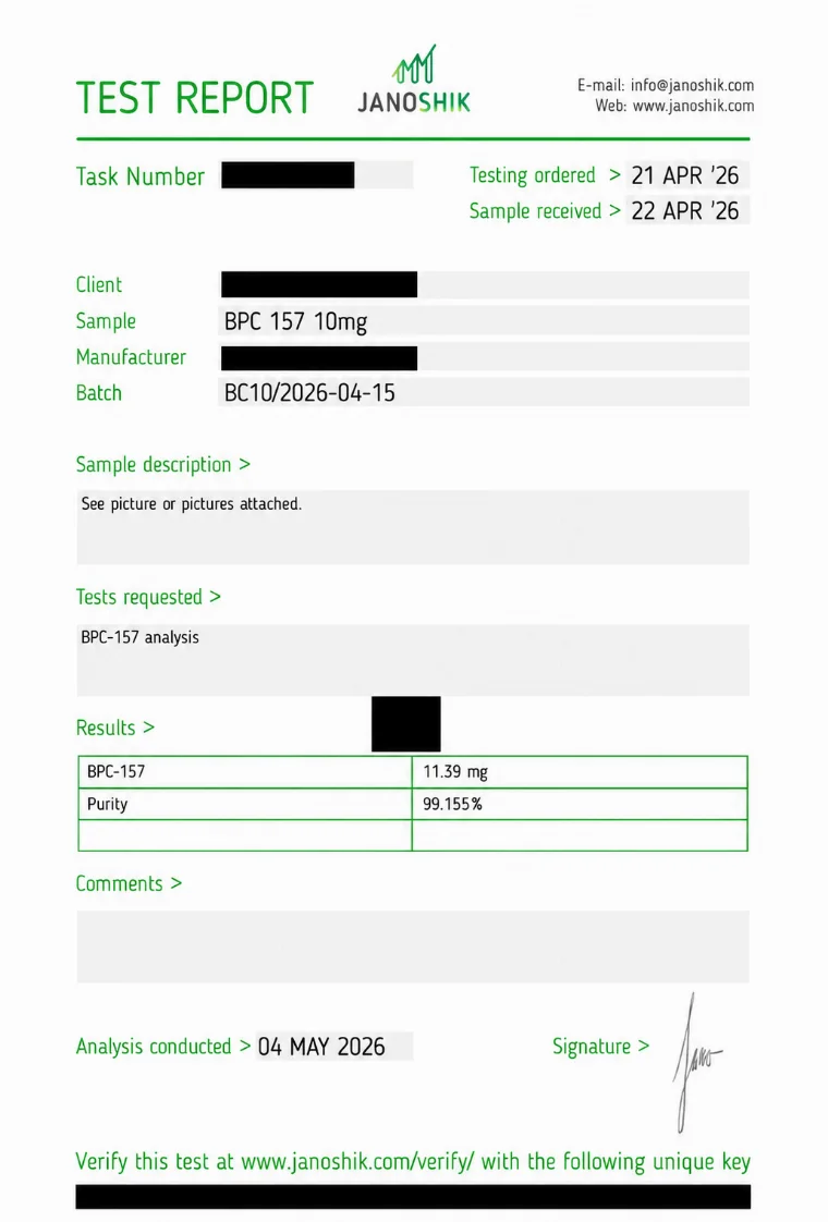 Independent Janoshik certificate of analysis for BPC-157 10 mg, 99.155% purity