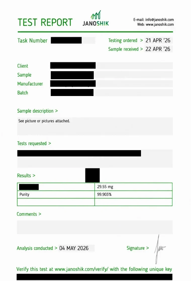 Independent Janoshik certificate of analysis for GLP-2T 30 mg, 99.903% purity