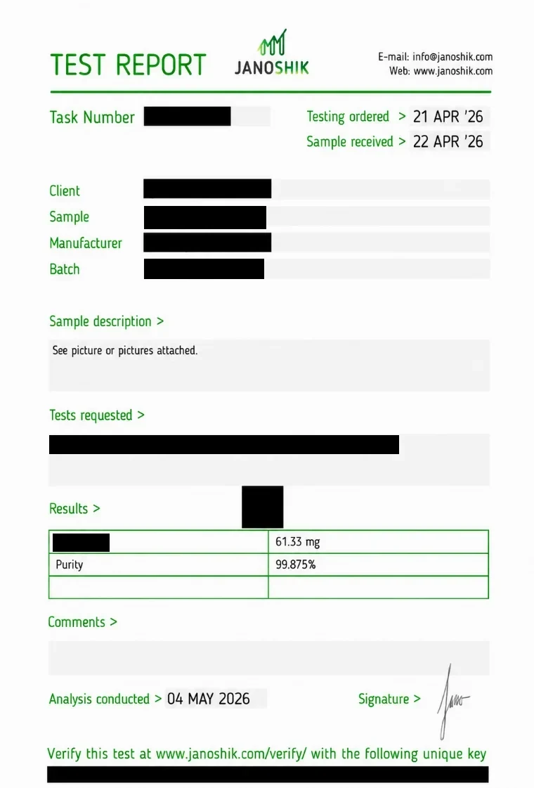 Independent Janoshik certificate of analysis for GLP-2T 60 mg, 99.875% purity