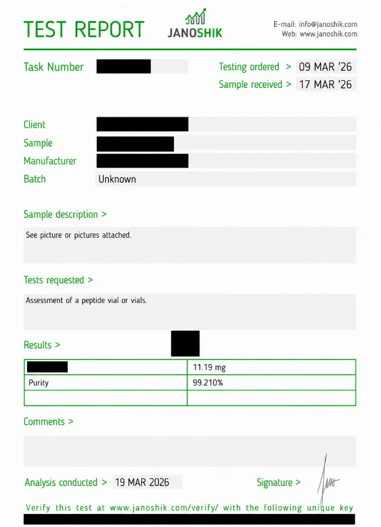 Independent Janoshik certificate of analysis for GLP-3R 10 mg, 99.210% purity
