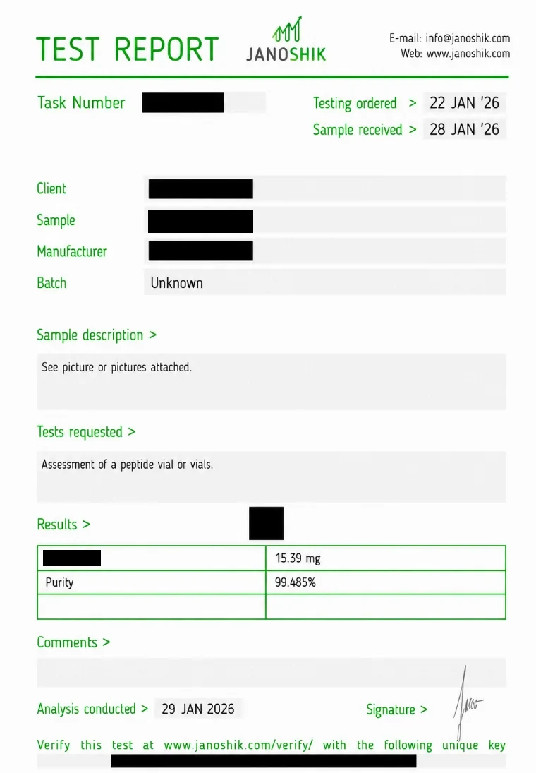 Independent Janoshik certificate of analysis for GLP-3R 15 mg, 99.485% purity