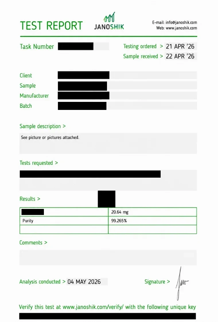 Independent Janoshik certificate of analysis for GLP-3R 20 mg, 99.265% purity