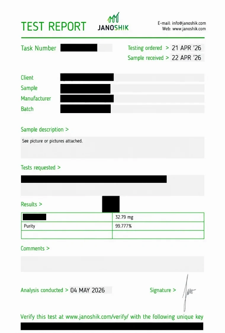 Independent Janoshik certificate of analysis for GLP-3R 30 mg, 99.777% purity