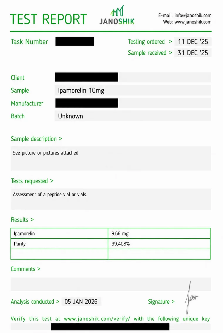 Independent Janoshik certificate of analysis for Ipamorelin 10 mg, 99.408% purity