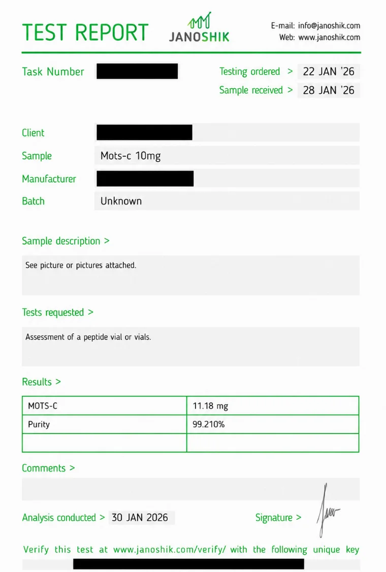 Independent Janoshik certificate of analysis for MOTS-c 10 mg, 99.210% purity