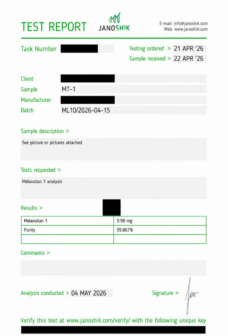 Independent Janoshik certificate of analysis for Melanotan-1 10 mg, 99.867% purity