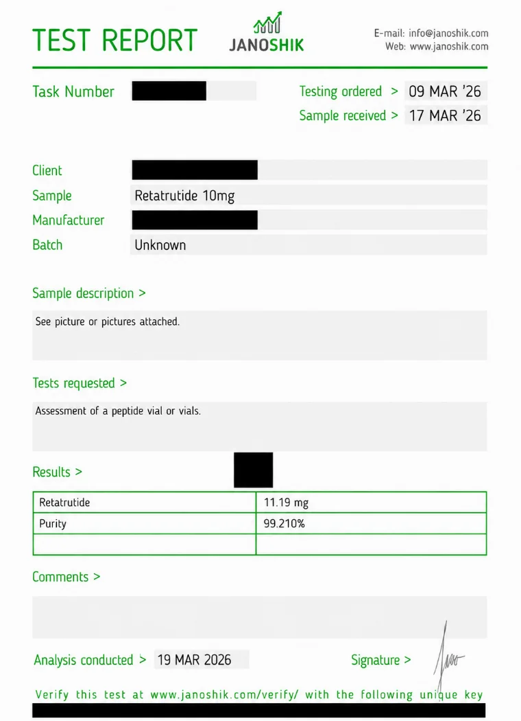 Independent Janoshik certificate of analysis for Retatrutide 10 mg, 99.210% purity