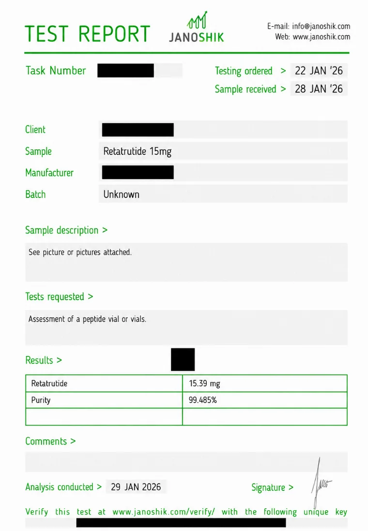 Independent Janoshik certificate of analysis for Retatrutide 15 mg, 99.485% purity