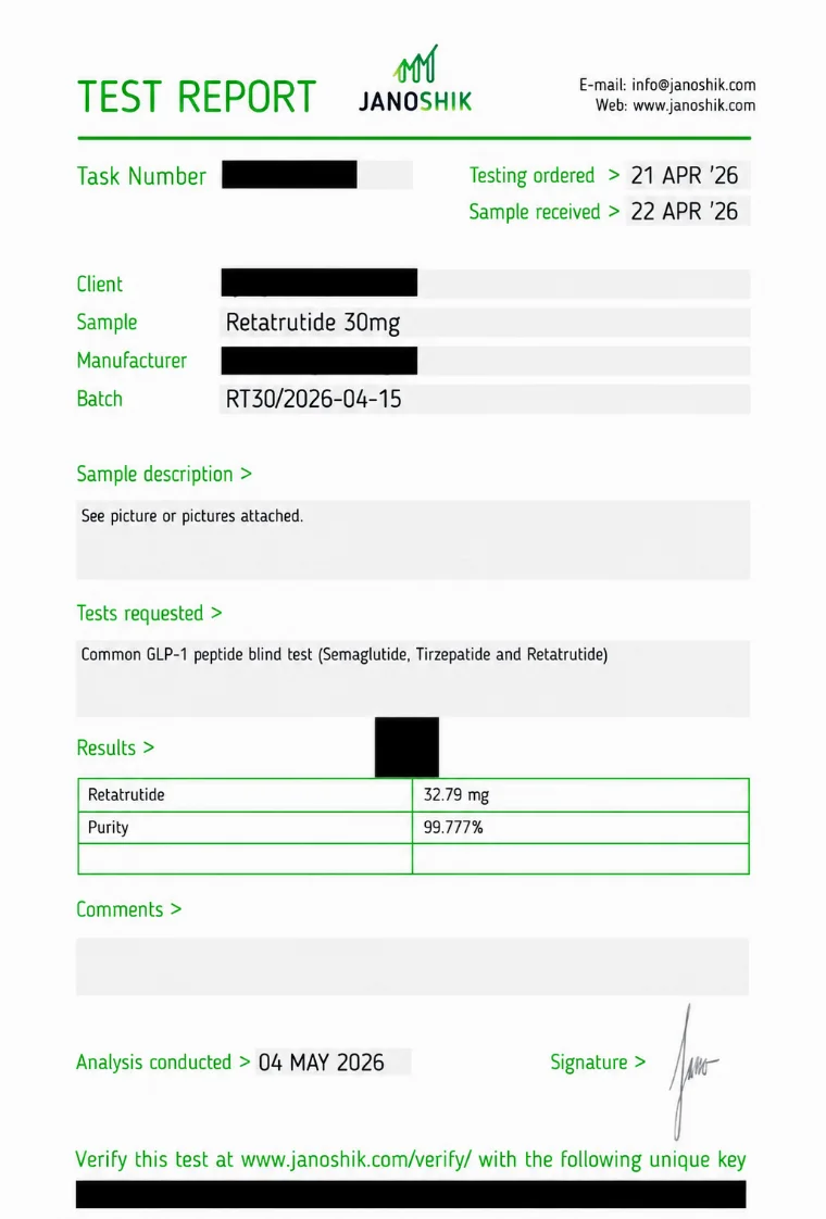 Independent Janoshik certificate of analysis for Retatrutide 30 mg, 99.777% purity