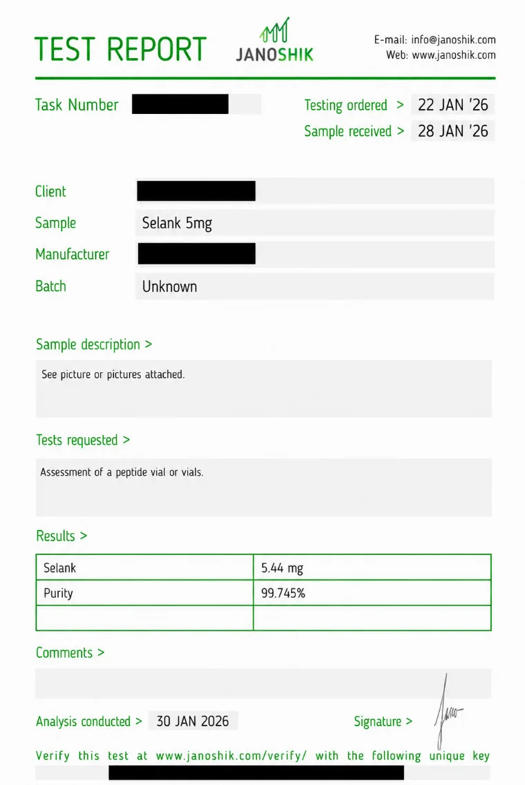 Independent Janoshik certificate of analysis for Selank 5 mg, 99.745% purity