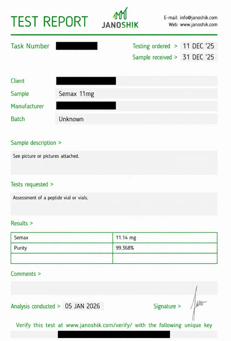 Independent Janoshik certificate of analysis for Semax 11 mg, 99.368% purity