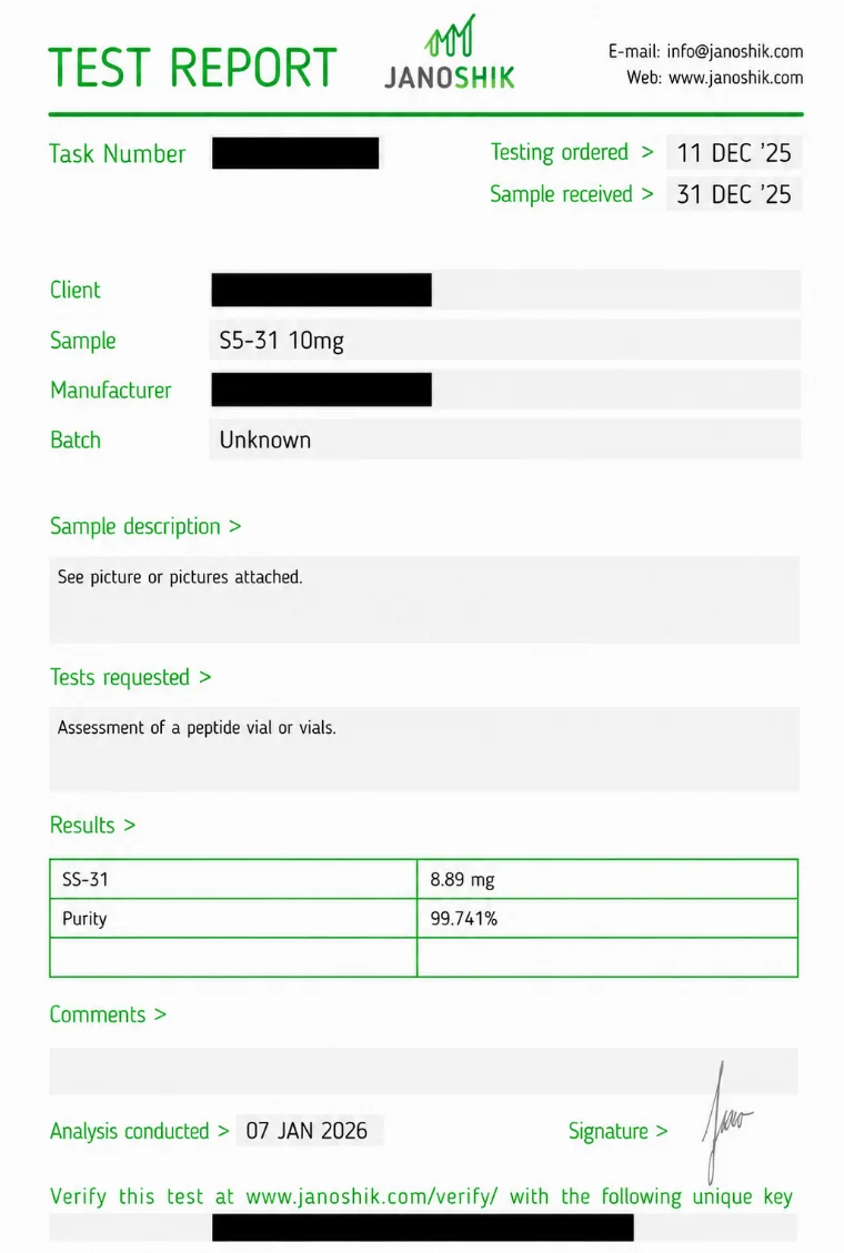 Independent Janoshik certificate of analysis for SS-31 10 mg, 99.741% purity