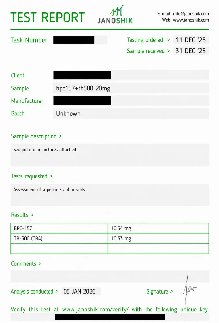 Independent Janoshik certificate of analysis for BPC-157 + TB-500 20 mg blend, blend of BPC-157 + TB-500