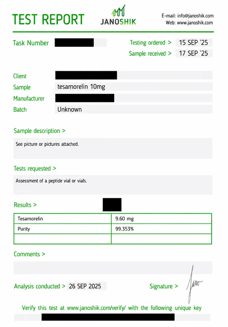 Independent Janoshik certificate of analysis for Tesamorelin 10 mg, 99.353% purity